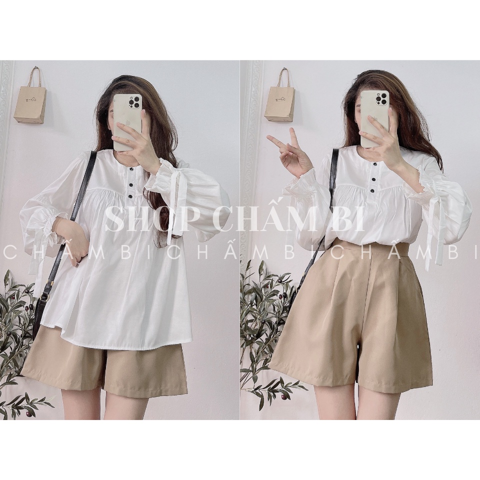 Set đồ nữ S.061, Áo babydoll dài tay rút dây nơ cách điệu và quần short kaki style Hàn Quốc - Hàng nhập khẩu