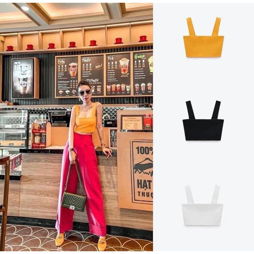 Áo Croptop Hai Dây Vuông Bản To 3 Màu Nữ - Thun dáng ngắn cổ vuông dáng ôm body chạy viền kiểu dáng sexy, quyến rũ