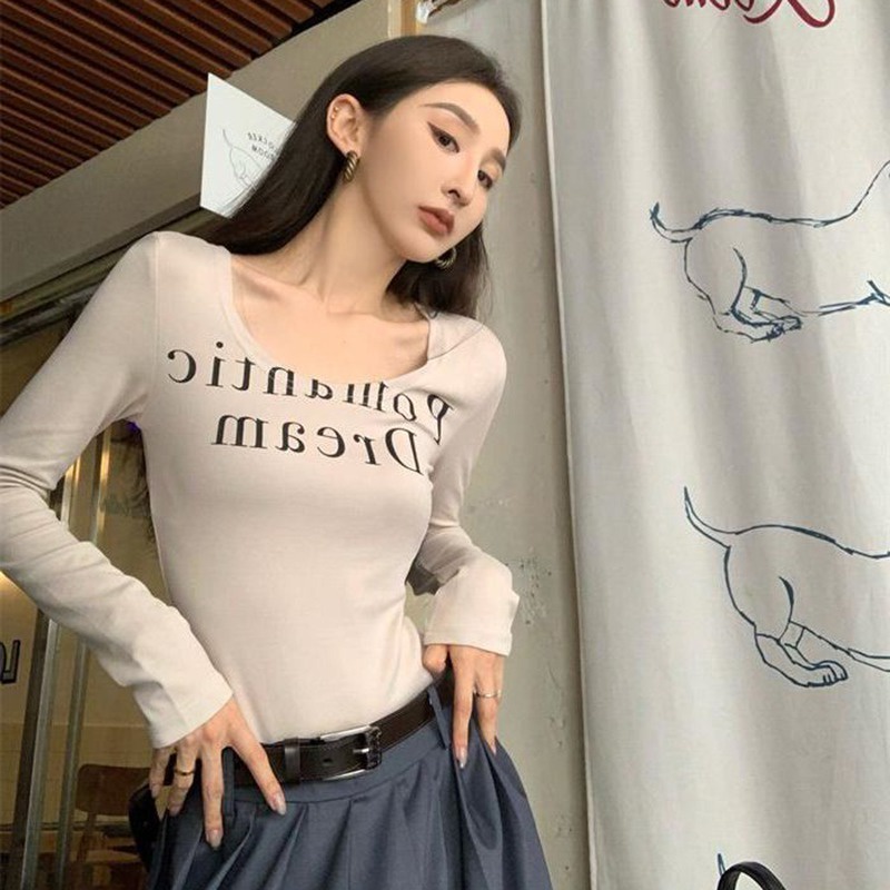 Áo Thun Nữ Dài Tay Cổ Tròn In Chữ Phong Cách Hàn Quốc