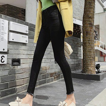 2021 spring and summer high-waisted slim jeans women Korean version of stretch pants with cotton and thin raw edge pencil pants casual denim pants black grey jeans