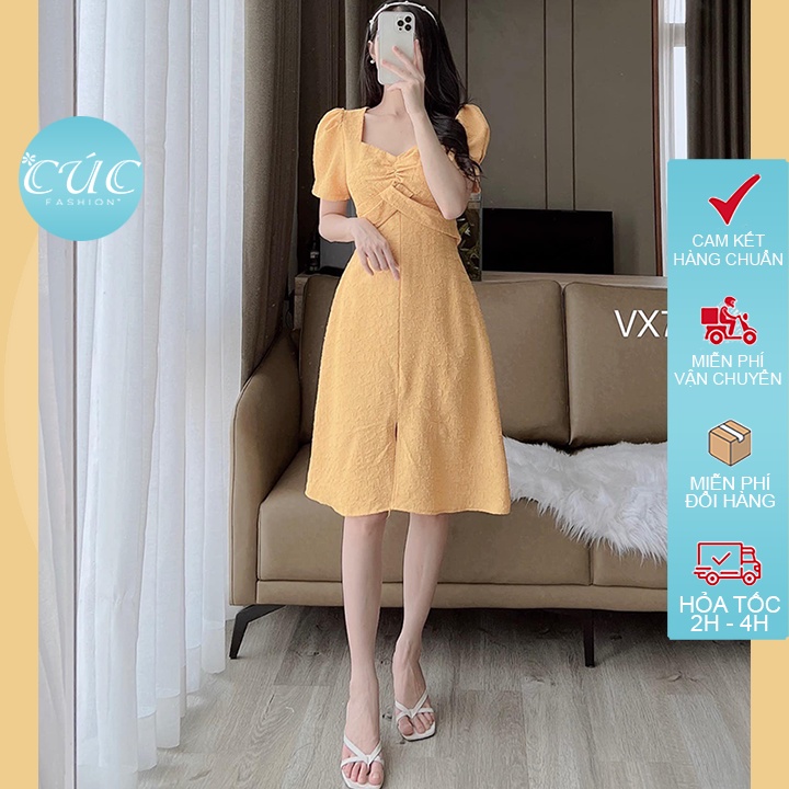 Đầm nữ Cúc Fashion babydoll đẹp vải chất lụa cao cấp trắng dáng xòe xanh vàng đi dự tiệc váy liền thân dây vắt eo VX707