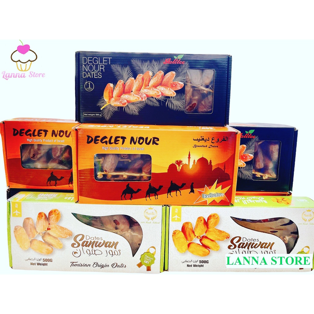 [HÀNG CHUẨN LOẠI 1] Chà Là Nguyên Cành Deglet Nour / Dates Sanwan / Galilee hộp 500 gram dẻo ngon chuẩn - Israel