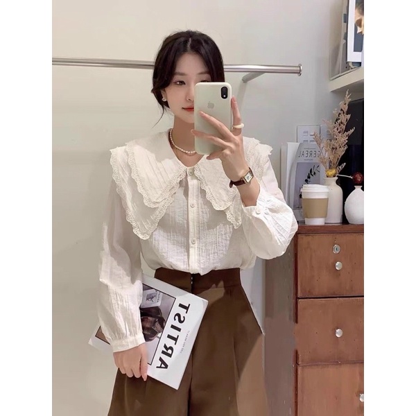 Áo sơ mi tơ nhăn cổ sen bánh bèo