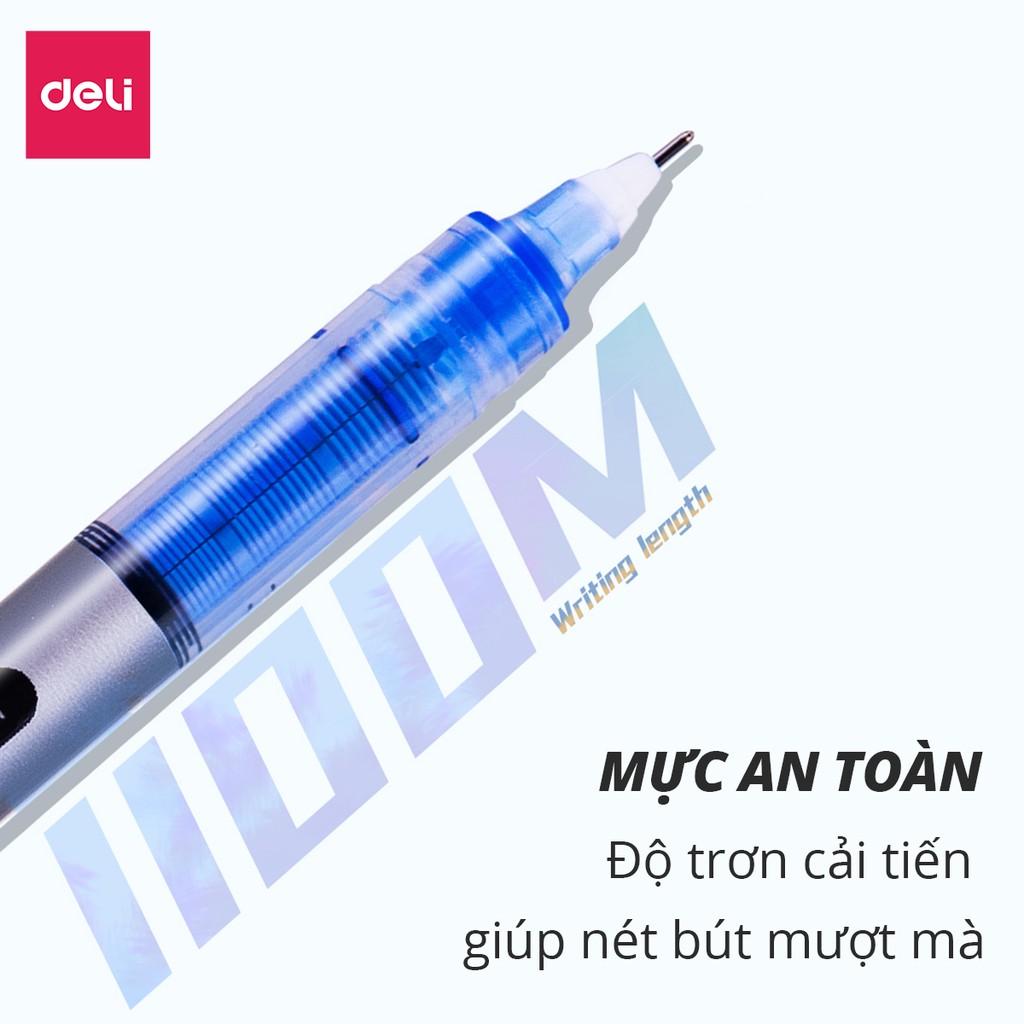 Bút Bi Nước Khô Nhanh Deli Ngòi 0.5mm - Nét Viết Trơn Tru, Có Vạch Mực Và Nắp Đậy - Ghi Chép Văn Phòng, Ký Tên EQ300-BL