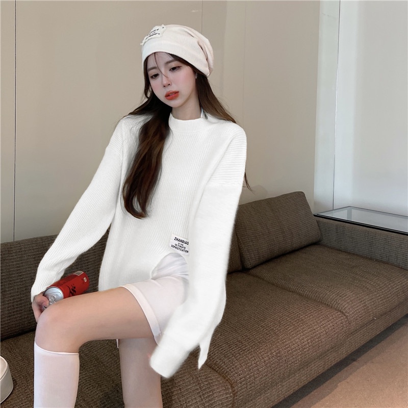 Áo sweater ZHELIHANGFEI tay dài dáng rộng xẻ tà phong cách sang trọng