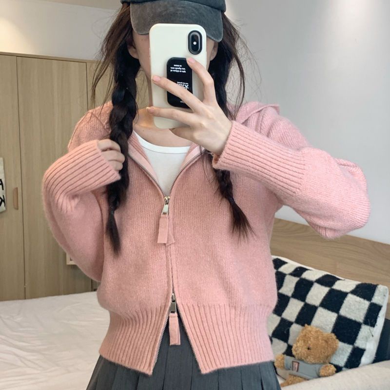 Áo khoác cardigan COZOKC dệt kim tay dài khoá kéo đôi thiết kế ôm sát tôn dáng