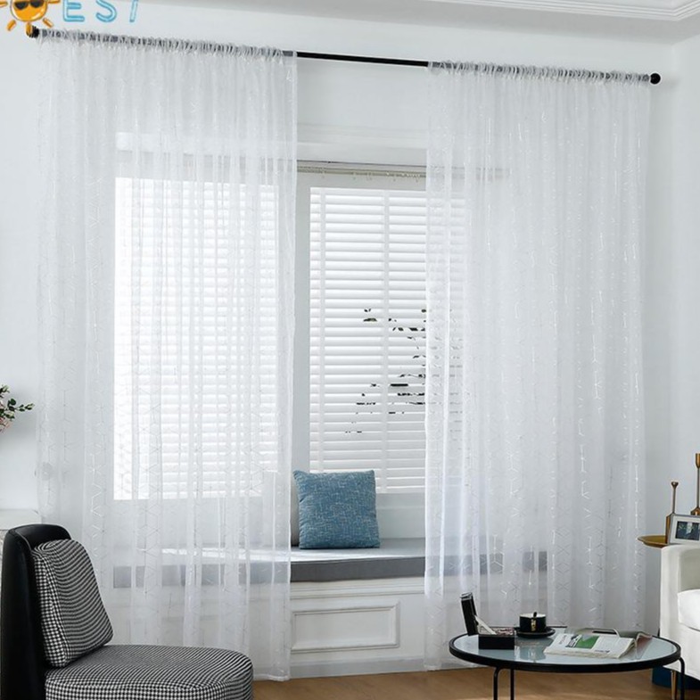Rèm cửa bằng vải tuyn màu trắng họa tiết hình học màu bạc trang trí cửa sổ cho bé