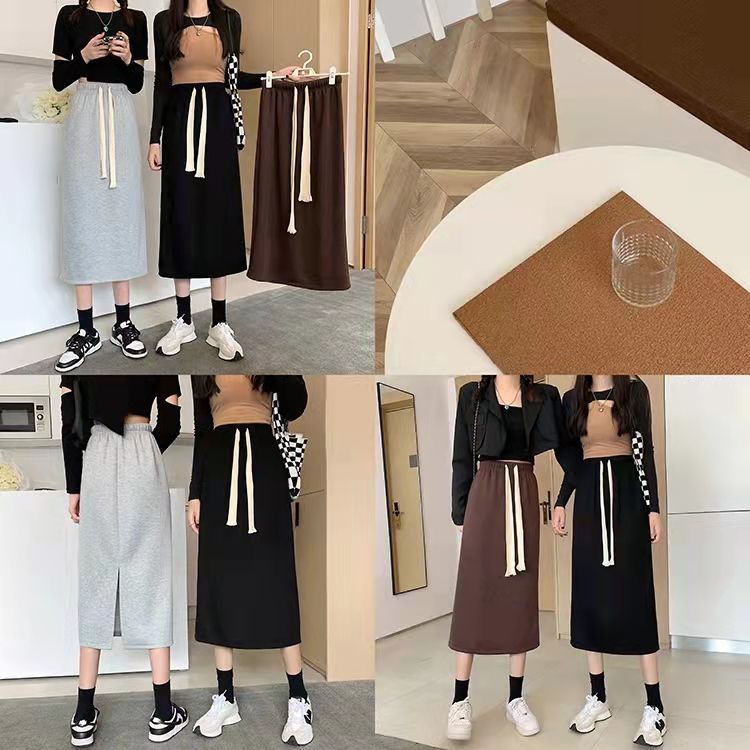 Chân váy dài xẻ tà phối dây rút phong cách Hàn Quốc đơn giản thời trang