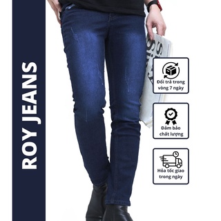 Quần jeans nam dài basic Royjeans xanh wash trắng xước co giãn phong cách thời trang retro form slimfit (44-97kg)