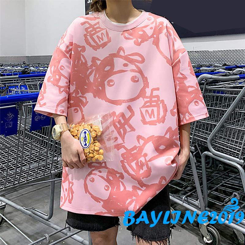 Áo thun tay ngắn cổ tròn dáng rộng in họa tiết hoạt hình bò sữa dễ thương cho nữ