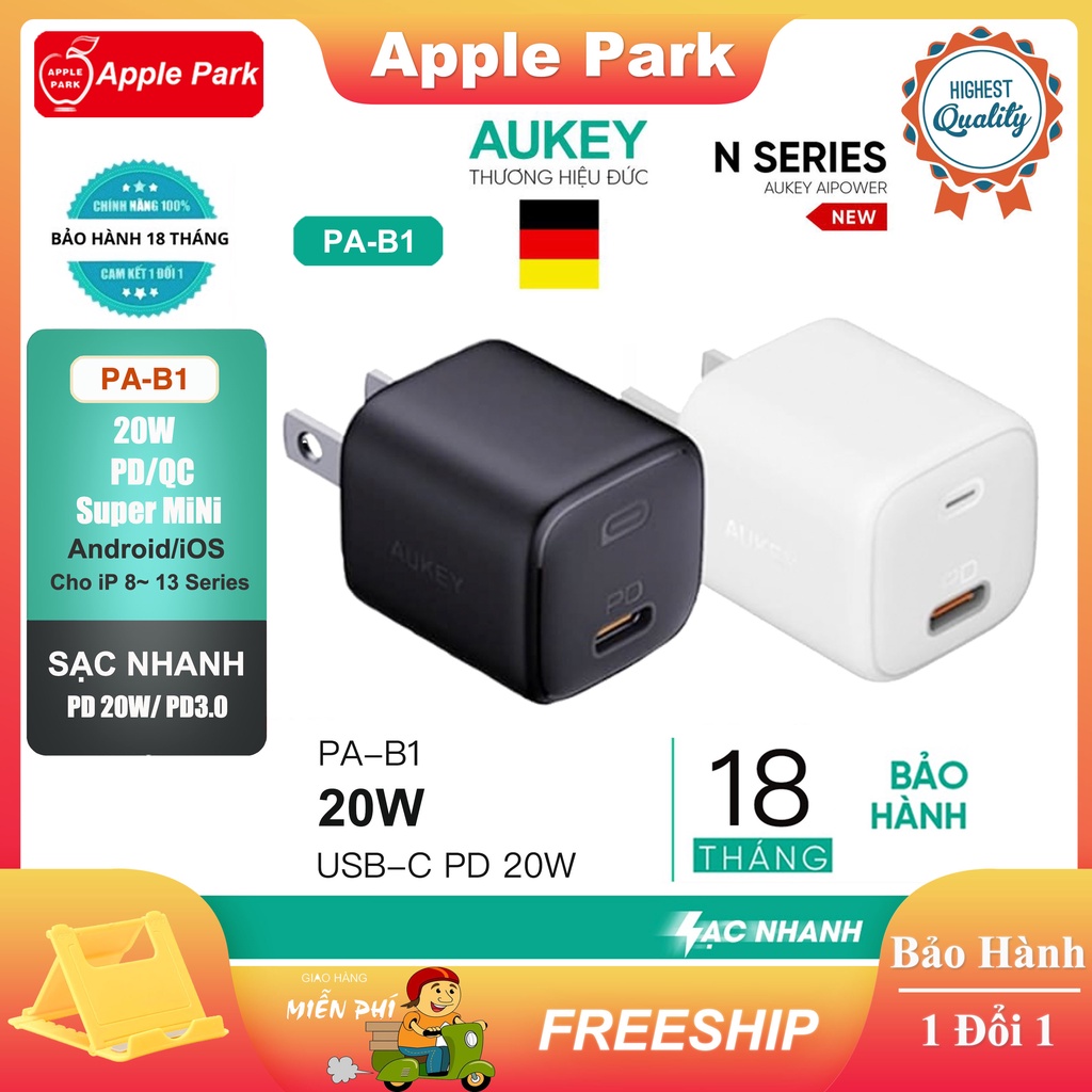 Củ Sạc Nhanh Aukey PA-B1 Pro 20W,PA-F3S 32W (PD 20W+12W),Cáp Sạc nhanh CB-CL3 Type-C to Lightning,Bảo Hành 18T