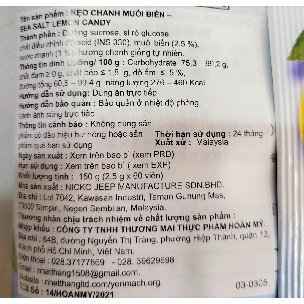 [Túi 150g] KẸO CHANH MUỐI BIỂN [Malaysia] NICKO JEEP Sea Salt Lemon Candy (halal)