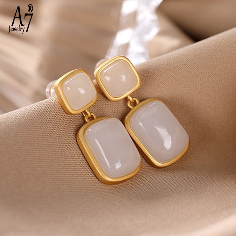 Bông Tai Bạc A7 S925 Đính Đá Ngọc Bích Hình Vuông Thời Trang Cho Nữ