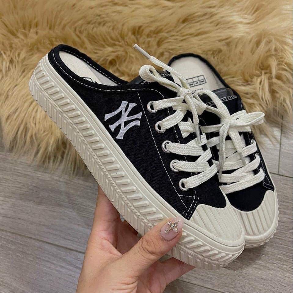 Giày sục thể thao nữ sneaker sục nữ đạp gót màu đen chữ N.Y vải canvas đế độn cao 3cm LAPA - LP086