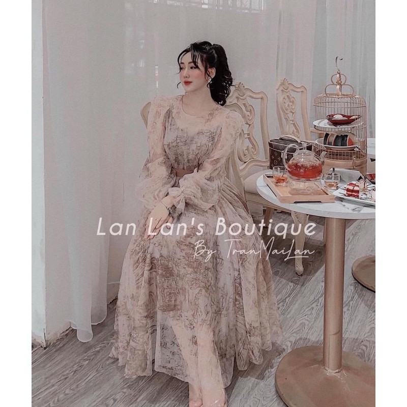 Váy hoa nhí dáng dài TNT, đầm dự tiêc maxi hàng thiết kế 2 lớp cao cấp kèm dây thắt eo | BigBuy360 - bigbuy360.vn