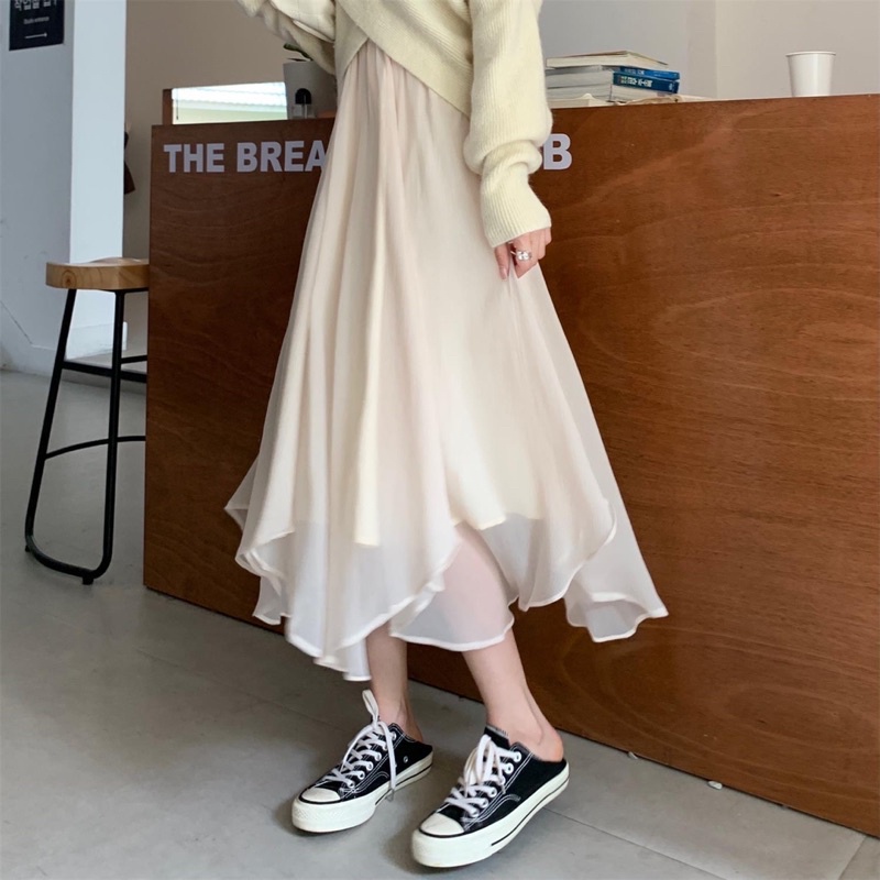 Set áo len X trễ vai + chân váy voan ulzzang điệu đà