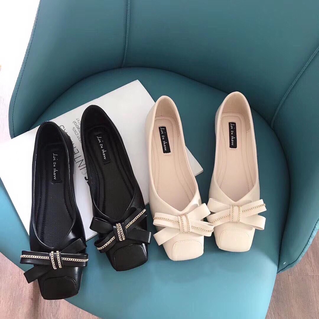 Giày búp bê nữ mũi vuông nơ xích chất đẹp
