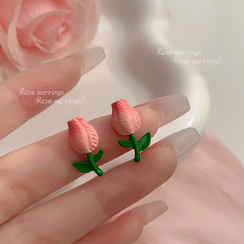 Bông Tai Hình Hoa Tulip Màu Hồng Ngọt Ngào Dễ Thương Cho Nữ