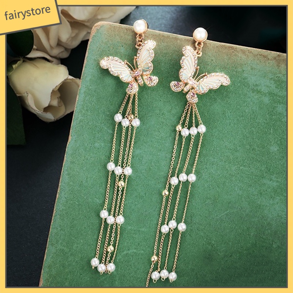 Bông Tai Dáng Dài Hình Bướm Đính Đá Lấp Lánh