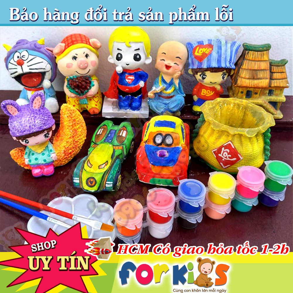 Tô Tượng trẻ em, Tượng thạch cao, bộ 10 tượng cao 9-11cm tặng 12 màu, 2 cọ, 1 vỉ