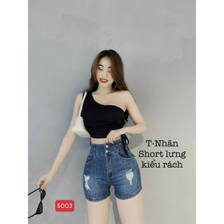 Quần sọt jean nữ trơn lưng cao lai cuốn