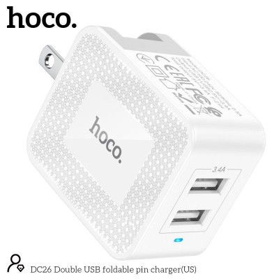 Cốc sạc 3.4A Hoco DC26 chân cắm gập US đèn Led 2 cổng USB chống cháy cao cấp