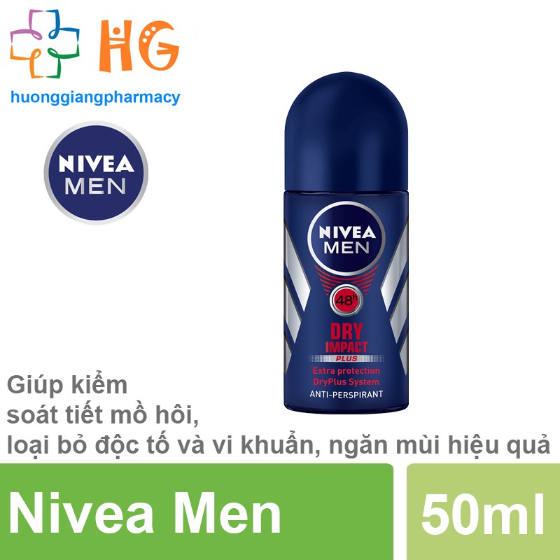 Nivea Men Dry Impact Pluss - Lăn ngăn mùi cho nam, ngăn mùi hiệu quả 48 giờ (Chai 50ml)