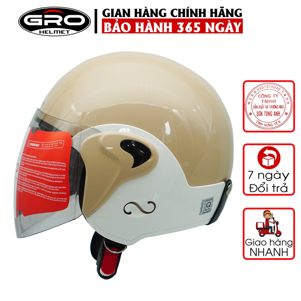 Mũ bảo hiểm cả đầu Gro T318 V1 có kính dài, nhựa ABS bền đẹp, khóa kim loại chắc chắn, mút xốp dày dặn -kem sữa ốp trắng