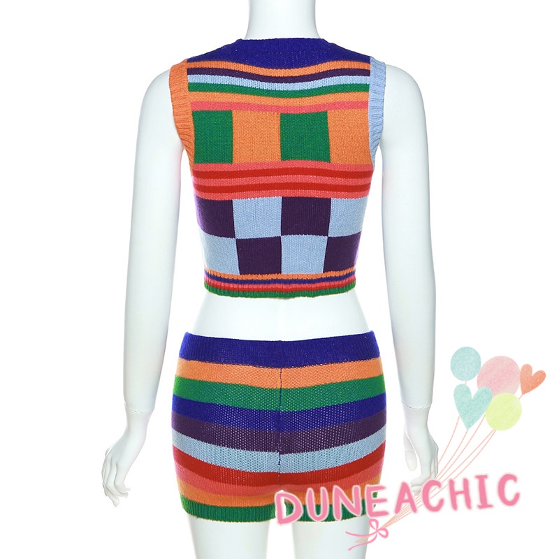 DUNEA Bộ Áo Tank Top Dệt Kim Cổ Tròn + Quần Short Lưng Cao Kẻ Sọc Cá Tính Cho Nữ