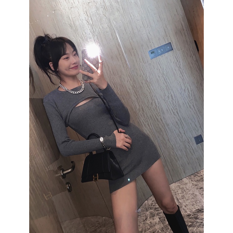 Bộ đồ SUXI gồm đầm 2 dây và áo khoác tay dài phong cách Hàn Quốc thời trang dành cho nữ