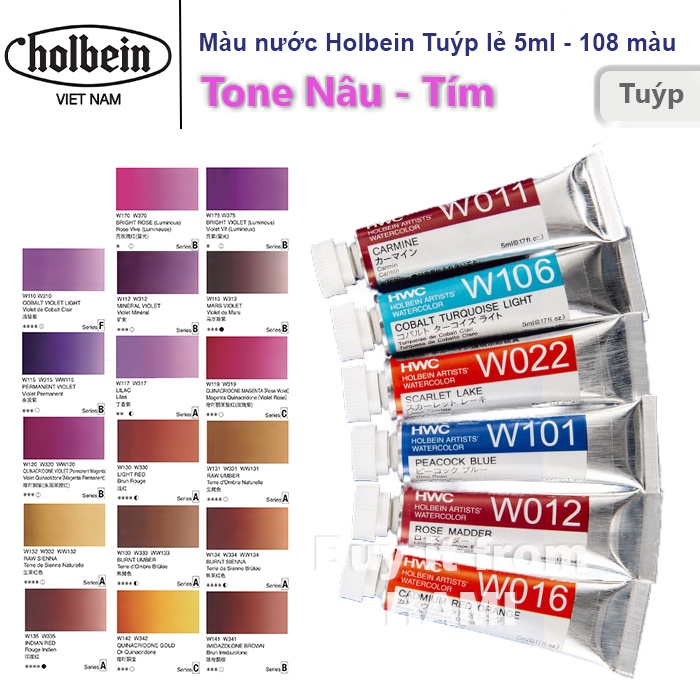 Màu nước Holbein Artist Watercolor Nhật Bản - Tuýp lẻ 5ml - Bảng màu Nâu Tím