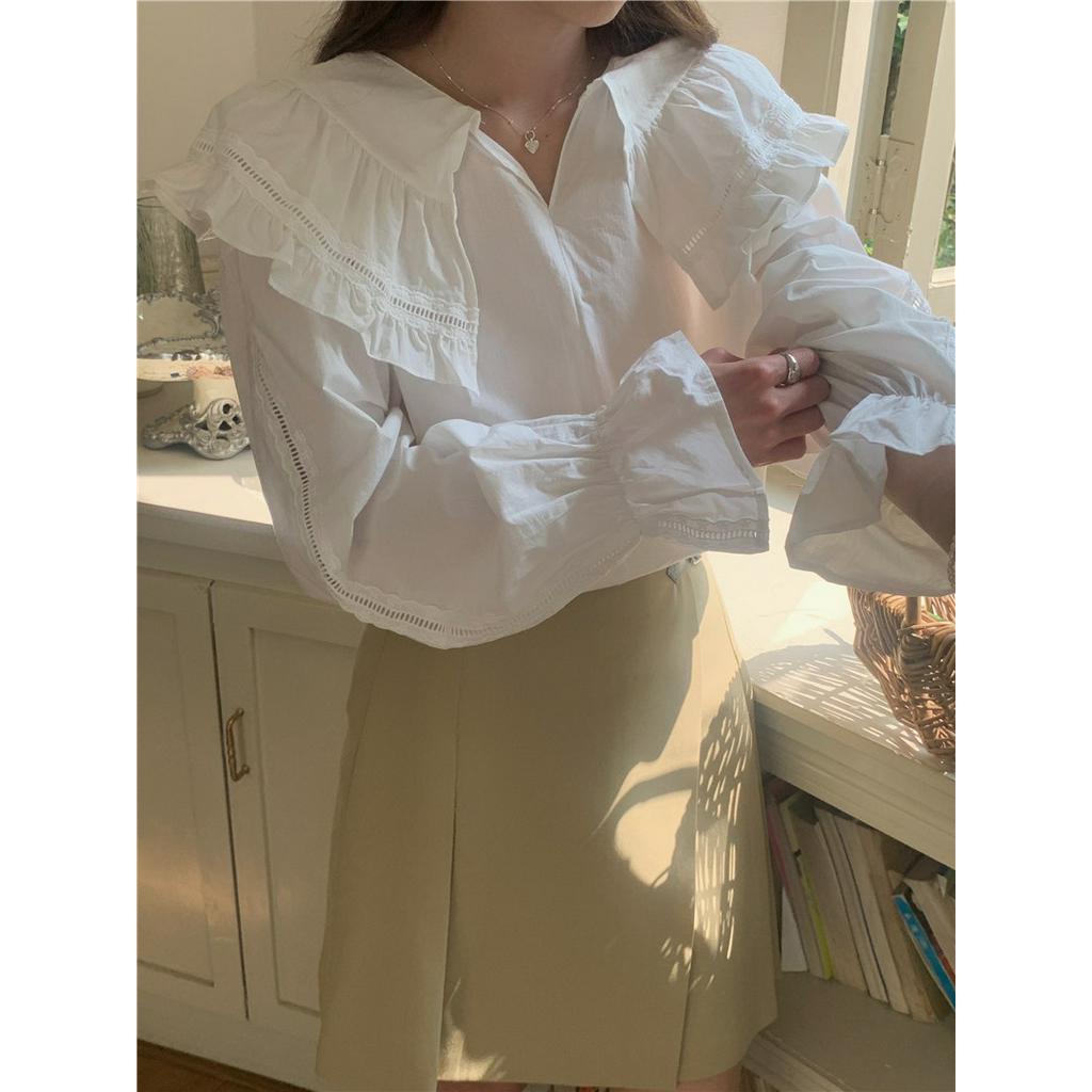 Áo Sơ Mi Trắng Dài Tay Cỡ Lớn Phối Bèo Nhún Ngọt Ngào 61918