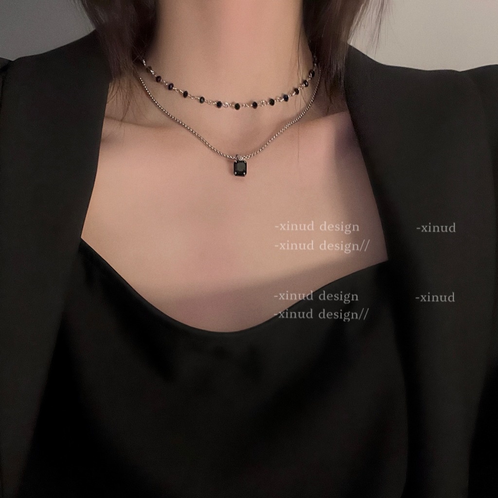 Vòng cổ Hai Lớp Đính Đá Kim Cương Đen Phong Cách ins Sang Trọng