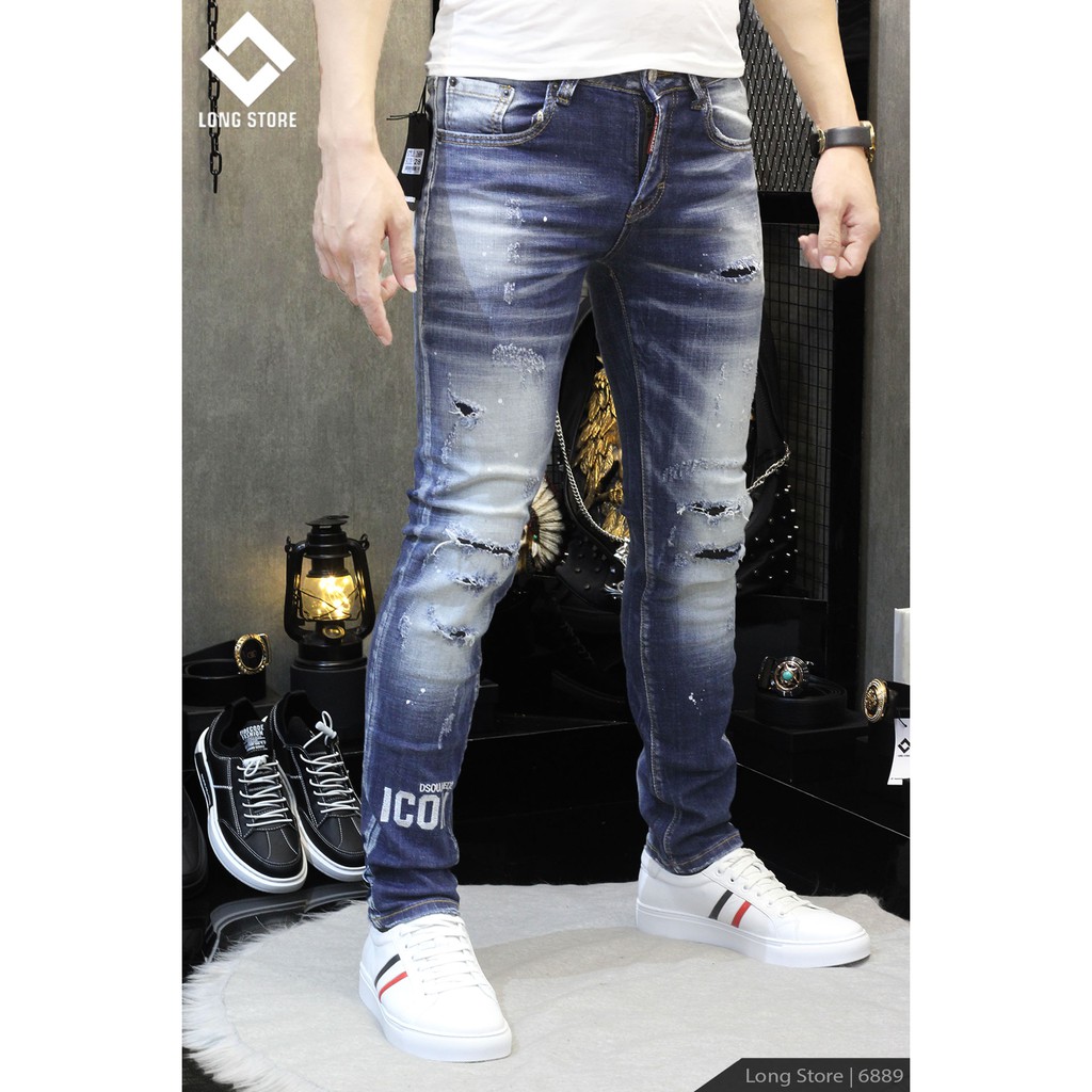 Quần jean nam rách gối màu xanh bạc ✅FREESHIP✅ Quần bò nam SUPER dáng ôm SLIMFIT skinny co giãn cao cấp - 6889