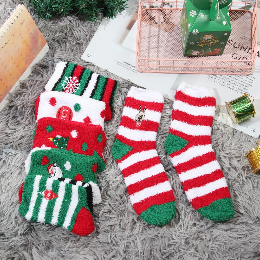 Vớ Lông Cừu San Hô Dày Giữ Ấm Mùa Thu Đông Họa Tiết Sọc Ông Già Noel Cho Nữ