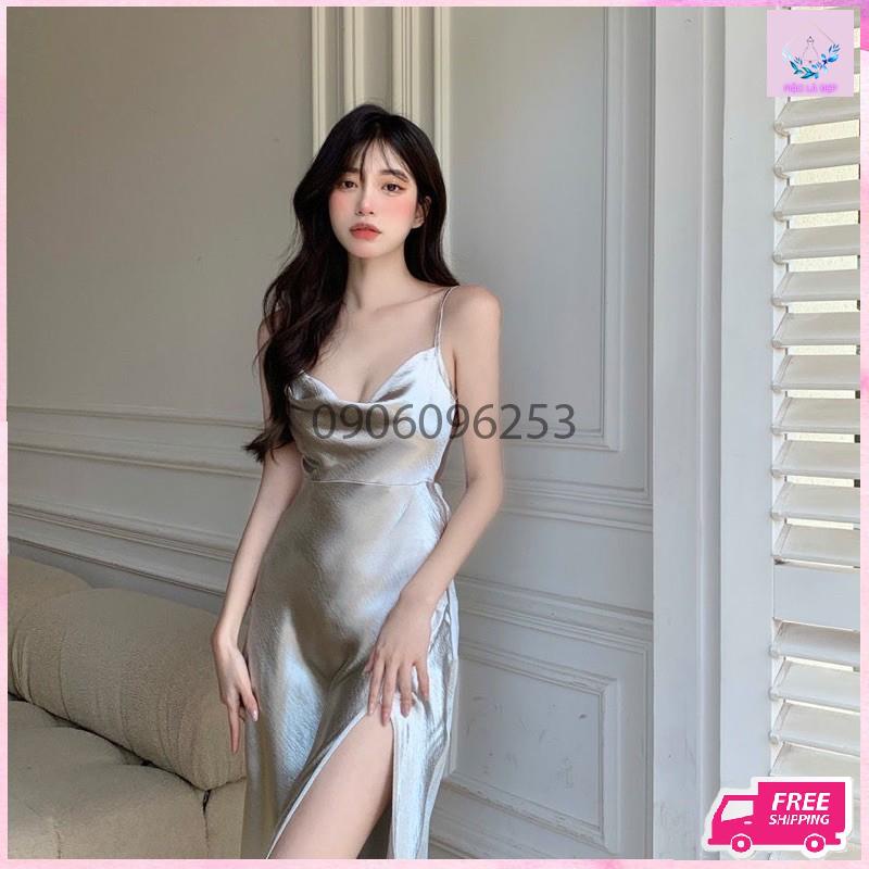 váy nữ hai dây xẻ tà hàng quảng châu cao cấp