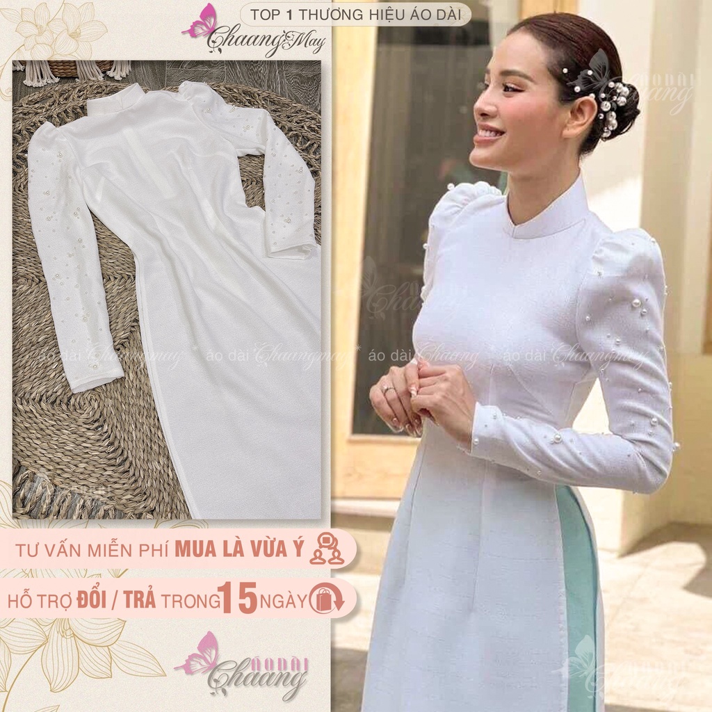 Áo dài cô dâu tay ngọc vai bồng Chaang May sẵn chất vải dạ tweed mềm cao cấp đính ngọc đẹp dự tiệc cưới lễ tết