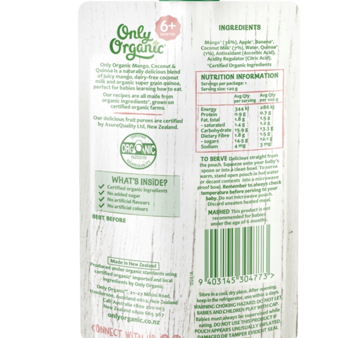 Dinh Dưỡng Ăn Dặm Xoài, Dừa, Hạt Diêm Mạch Only Organic 120g