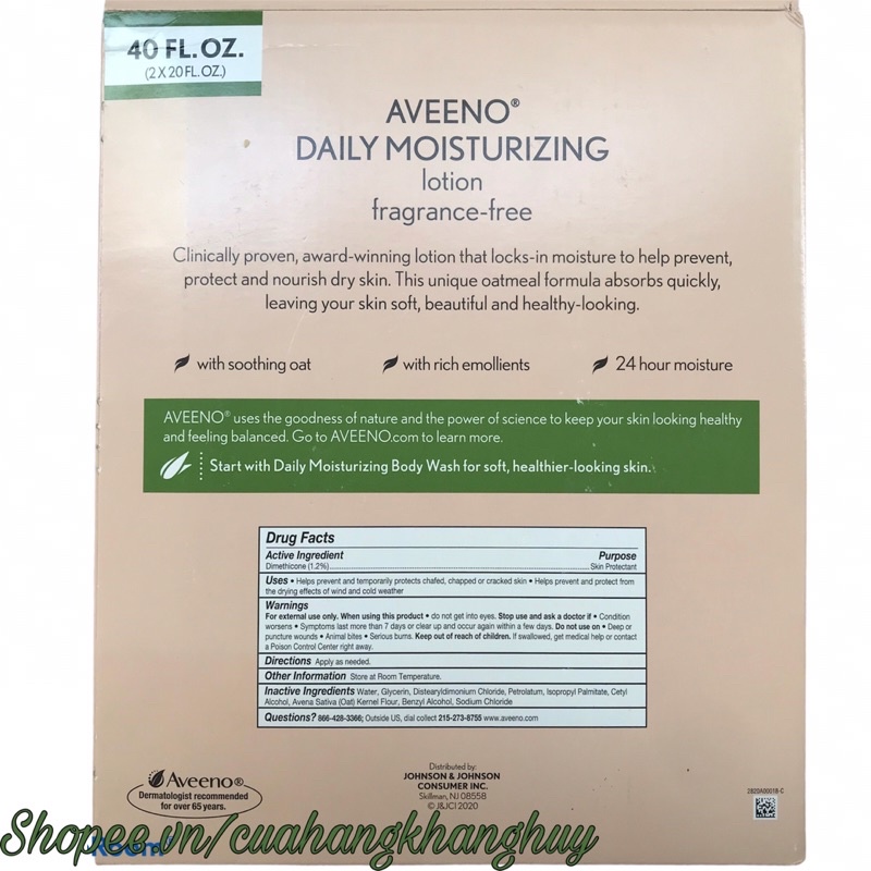 Bộ dưỡng thể Aveeno Daily Moisturizing Nourishes Dry của Mỹ, 591 ml x 2 chai