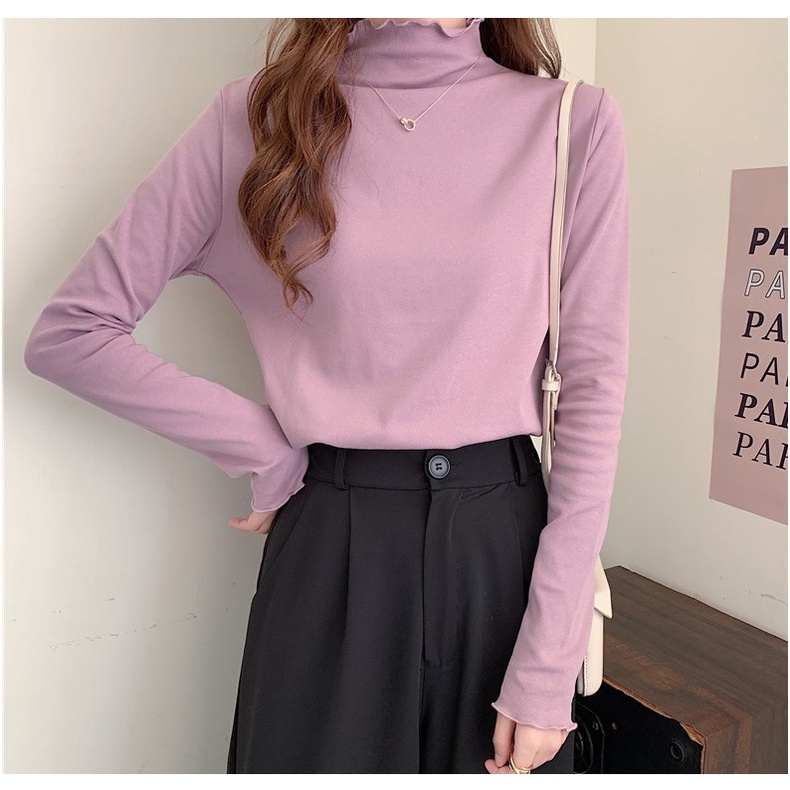 Áo Thun Nữ Dài Tay Cổ Cao Viền Gỗ Mới