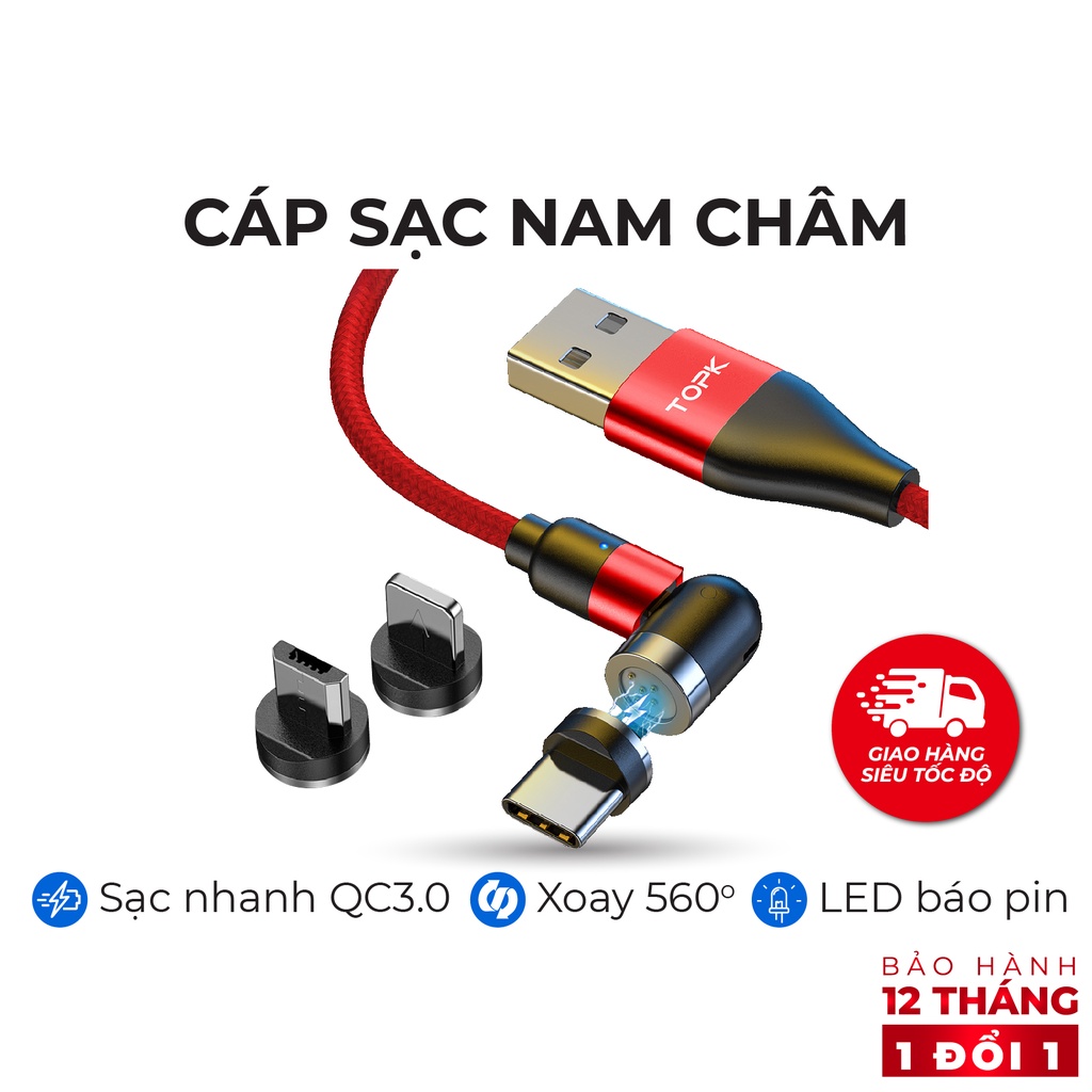 Dây sạc nam châm 3 đầu TOPK AM66 - Sạc nhanh QC 3.0 - Hàng bảo hành 12 tháng