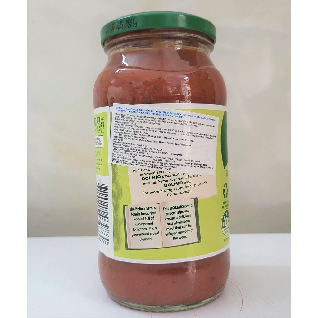 [Lọ 500g] XỐT MÌ Ý CÀ CHUA TRUYỀN THỐNG [Australia] DOLMIO Classic Tomato Pasta Sauce