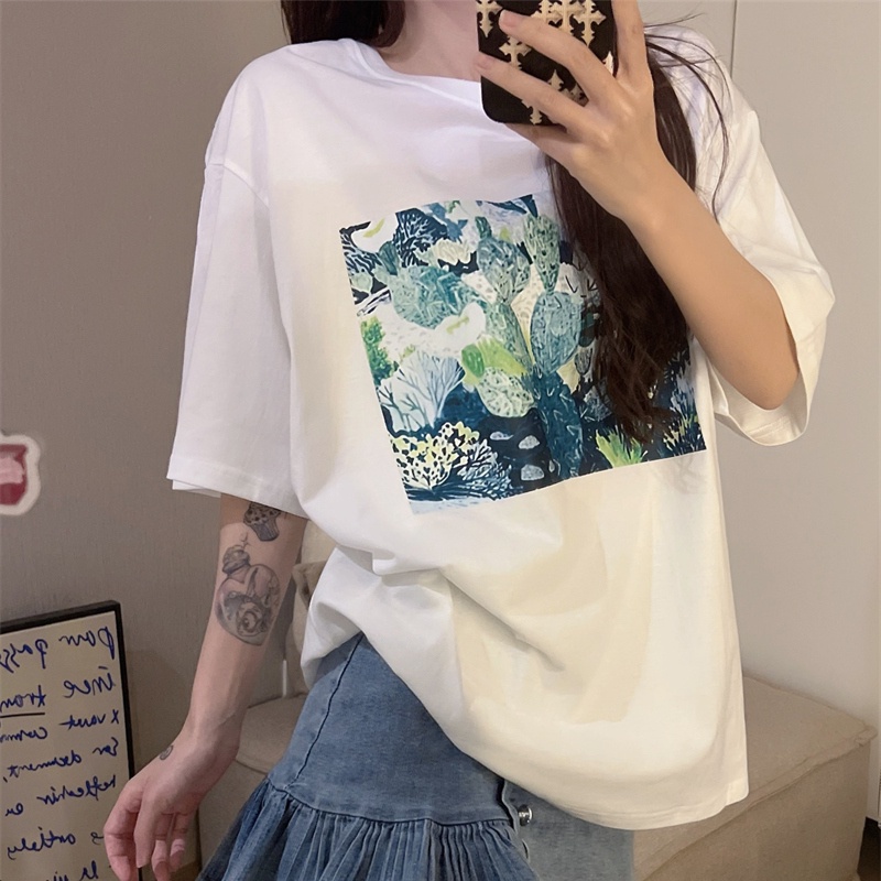 Áo thun SUXI tay ngắn cổ tròn dáng rộng in họa tiết đơn giản thời trang mùa hè cho nữ