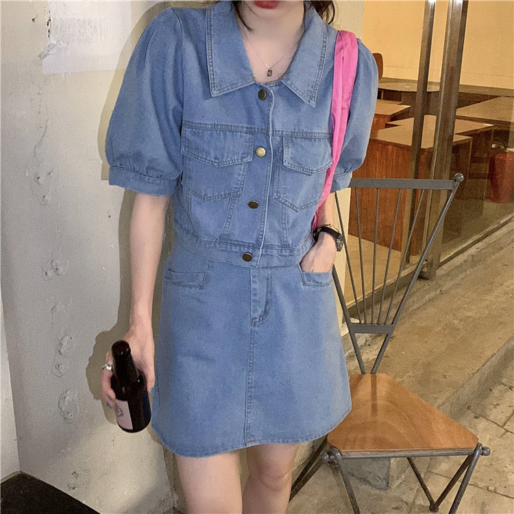 Small fashion suit female summer 2021 new bubble short-sleeved shirt denim skirt temperament was thin two-piece suit