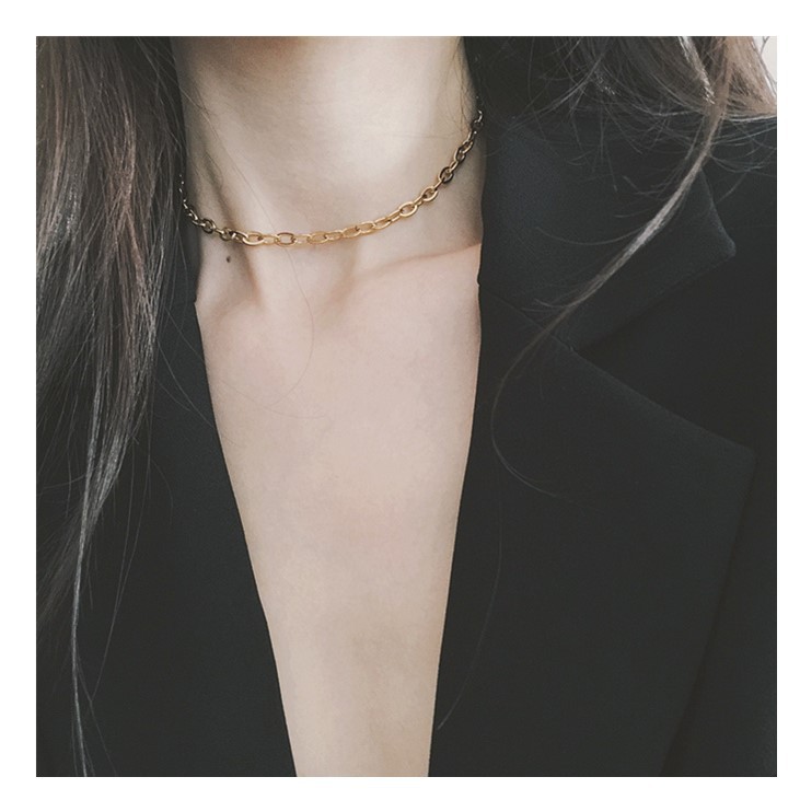 Set choker titan xích bầu nhỏ và dây mặt bầu dục phối 2 tầng không gỉ