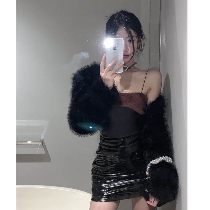 Liasynnn Set Áo Ống Lông Thêu Cô Gái Mỹ + Áo Khoác Lông Ngắn Lưng Phối Khăn Choàng / Áo Khoác + Chân Váy Da Ngắn Sáng Bóng Ôm Dáng Cho Nữ