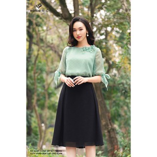 Áo nữ thiết kế Hongvic xanh chấm tay nơ SM254