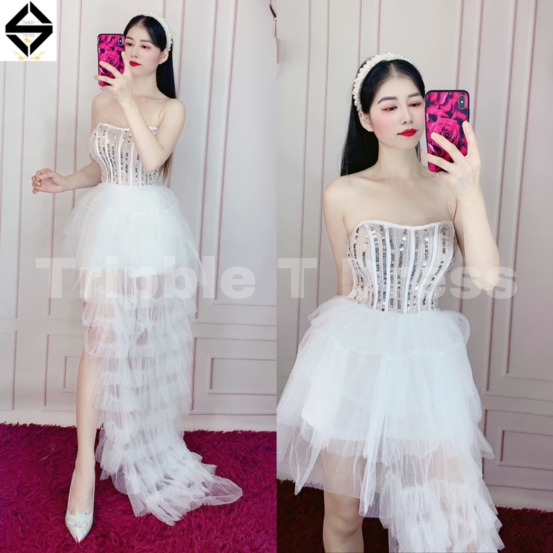 Đầm jum xoè xếp tầng đi tiệc cúp lưới nhũ lấp lánh kết đá sang trọng TRIPBLE T DRESS - size M/L -MS366V
