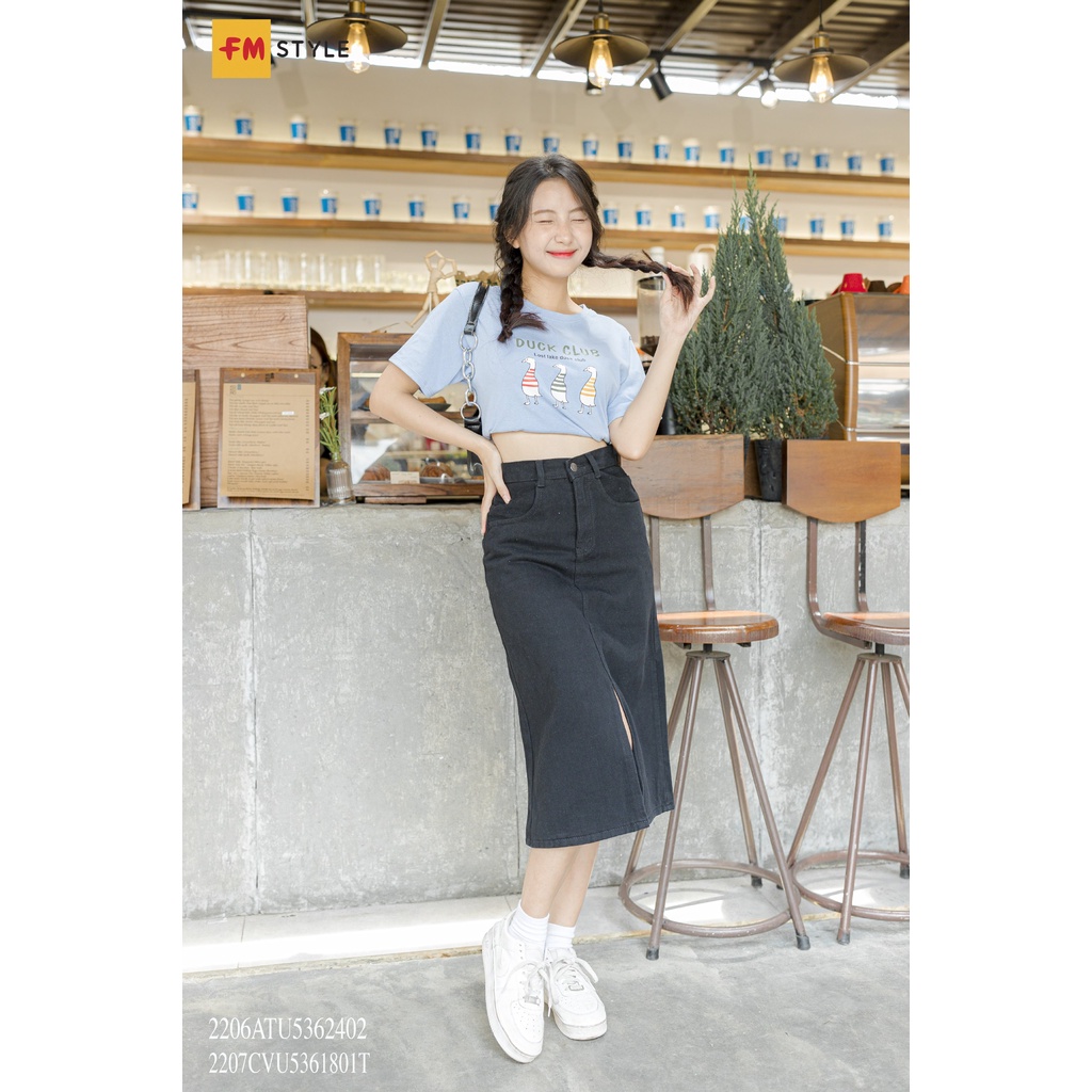 Chân váy jean midi FM STYLE lưng cao xẻ tà dáng a chất jean dày dặn trơn basic thời trang ulzzang 207180044