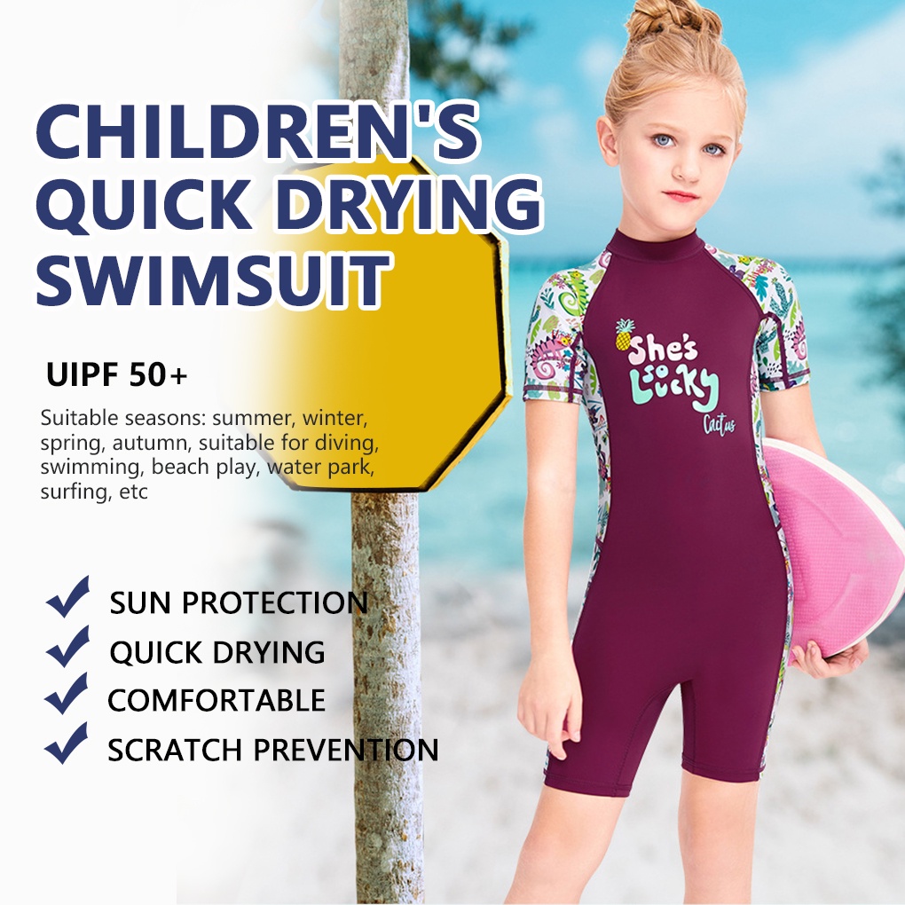[GLOBAL] DIVE SAIL Wet Suit Girls Quick Dry Shorty Swimsuit Kids Short Sleeve Round Neck Full Body Wetsuit for Surfing